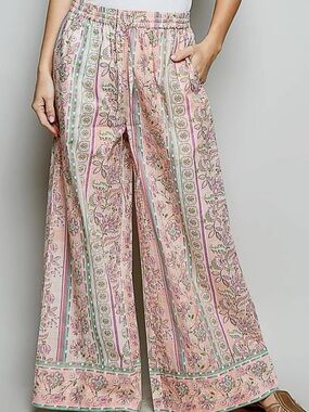 POL Bohemian Wide-Leg Floral Stripe Pants